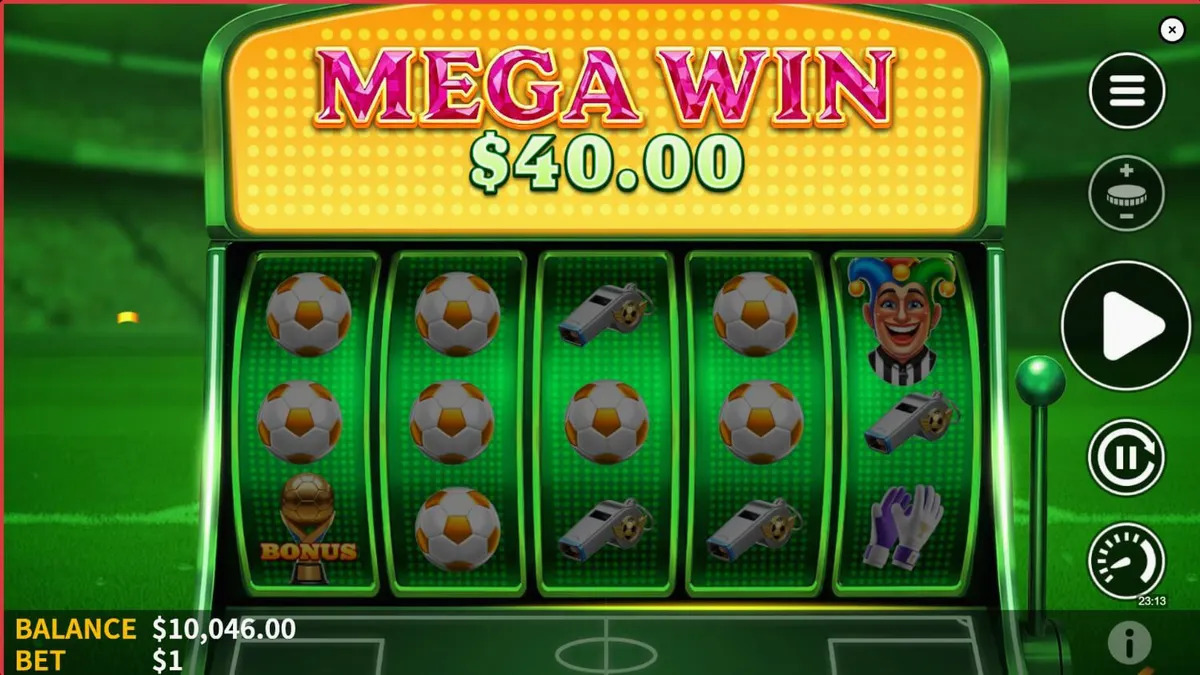 Tampilan visual slot Soccer Joker dengan elemen sepak bola dan neon